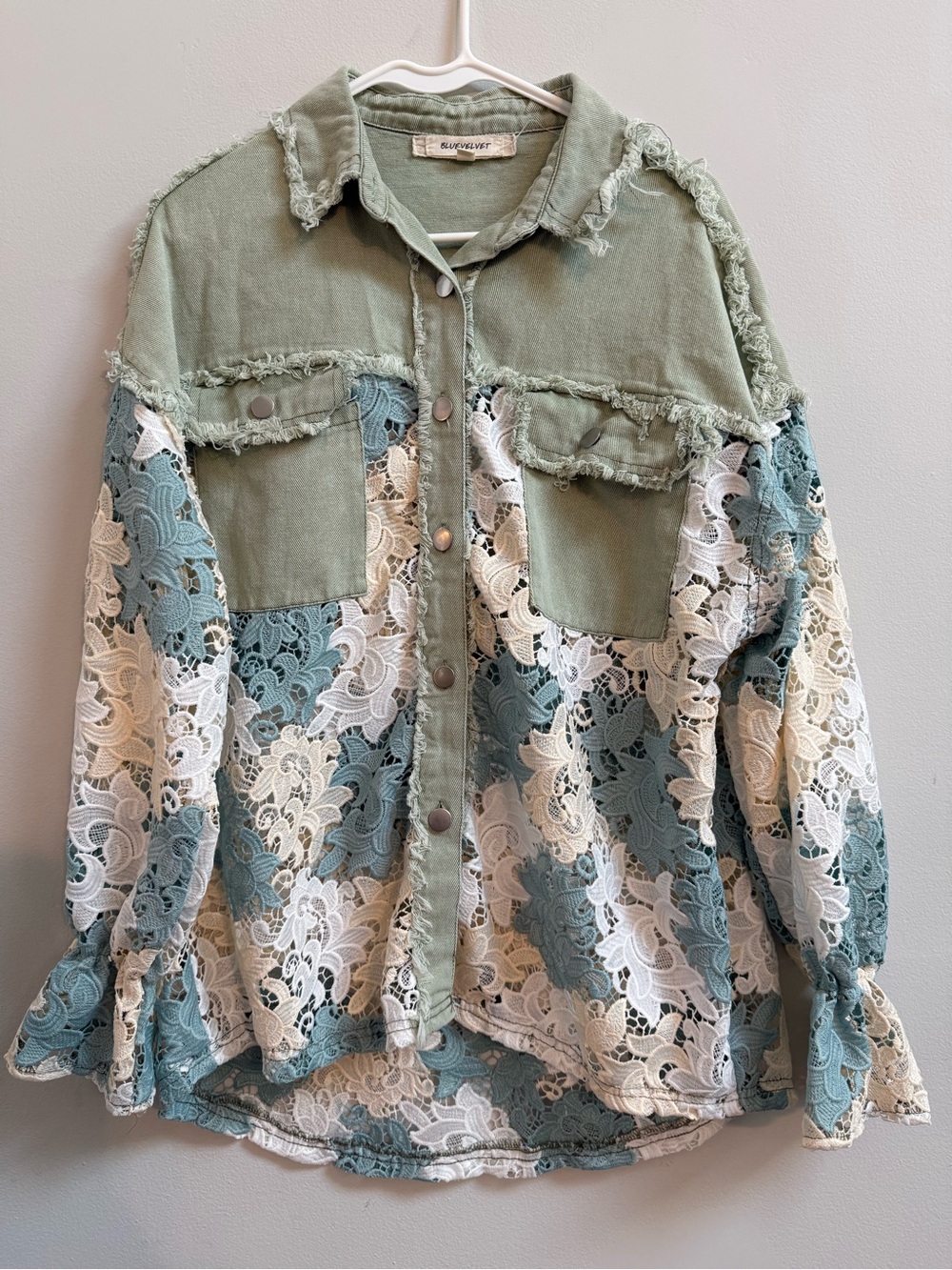 Blue Velvet Sage Green Distressed Jean Jacket